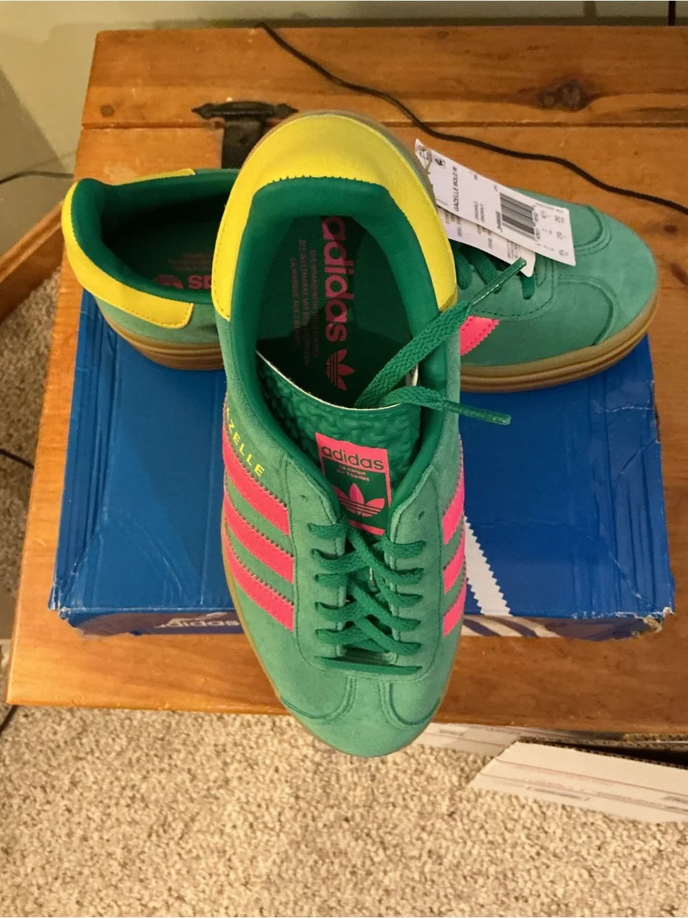 adidas Gazelle Bold Womens Green with Pink Stripes Sneakers JH9668 Style.